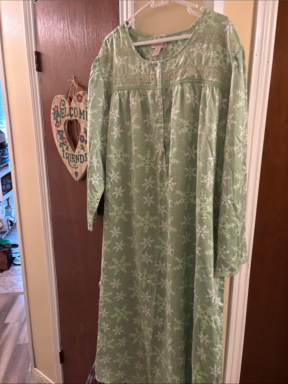 Cozy Sage Green Snowflake Nightgown with Button Front